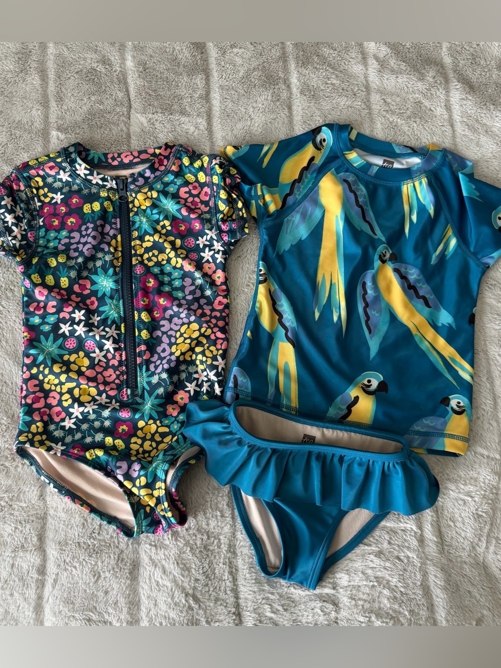 Girls/Toddler Tea Collection Teal Parrot & Floral Swimsuit Set